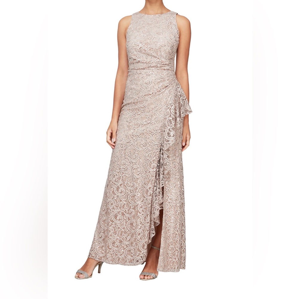 Alex Evening’s size 6, champagne color, lace and sequin, gown.